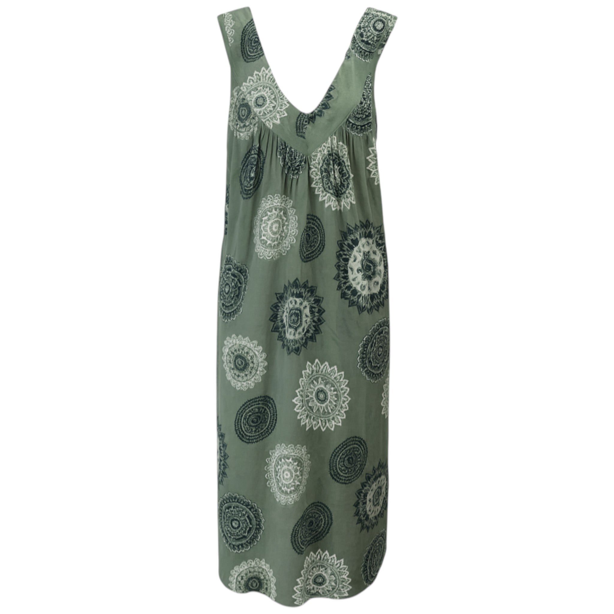 Women's sleeveless khaki green boho summer midi dress with paisley print – lightweight and flowy beach holiday dress